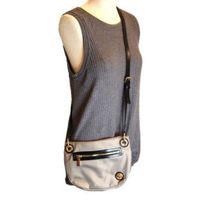 Vince Camuto Beige Crossbody Bag with Black Strap and Gold Hardware